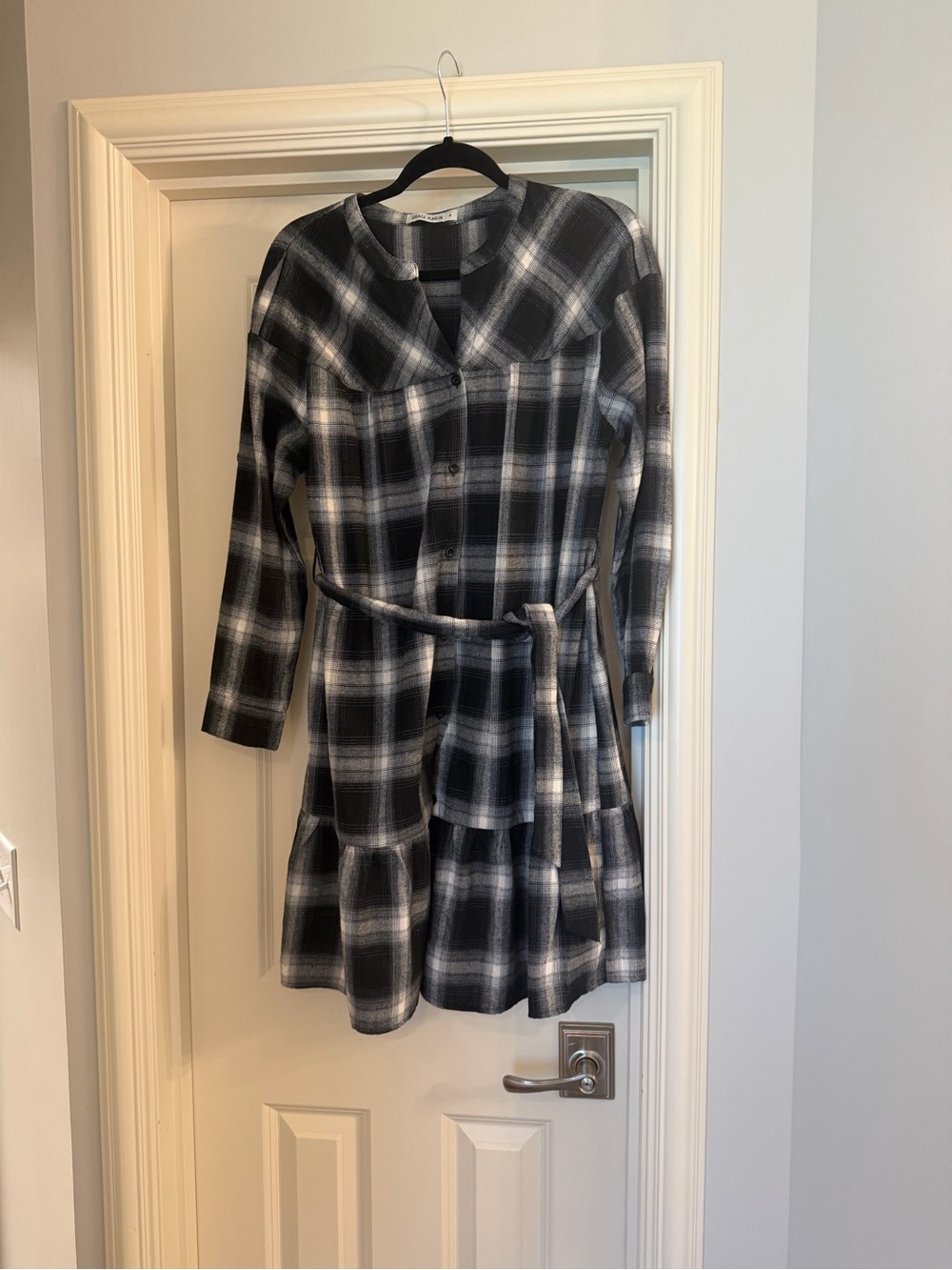 Grace Karin Black & White Plaid Belted Shirt Dress